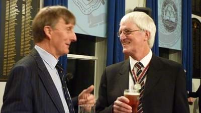 Secretary Tim Gulliver discussing Wolverhampton Wanderers' dismal performance with Dave Allen, President of Hartlebury Old Elizabethans Association.