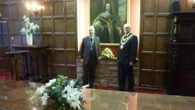 Our President and the Mayor of Kidderminster in front of the portrait of King Charles I.